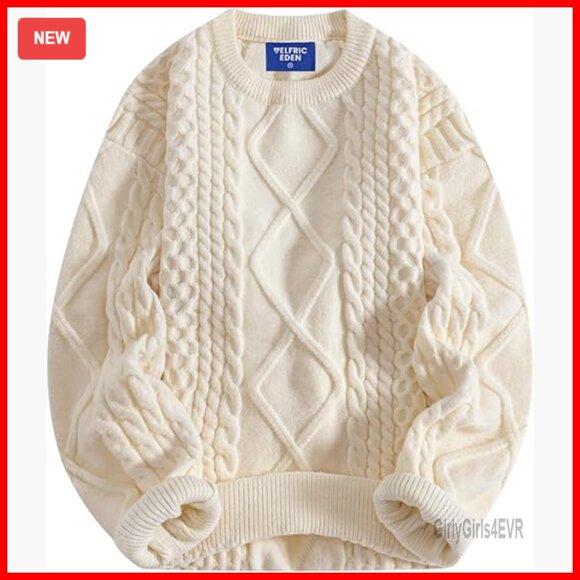 Oversized Knit Pullover Sweater Vintage Cable Crewneck Unisex Polyester